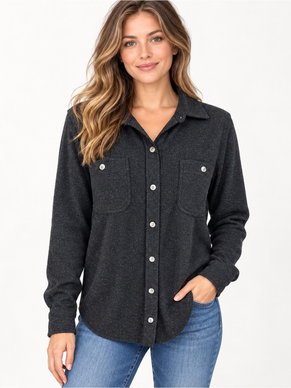▶️ Faherty Legend Sweater Shirt Womens S Heathered Black Twill Button Down
